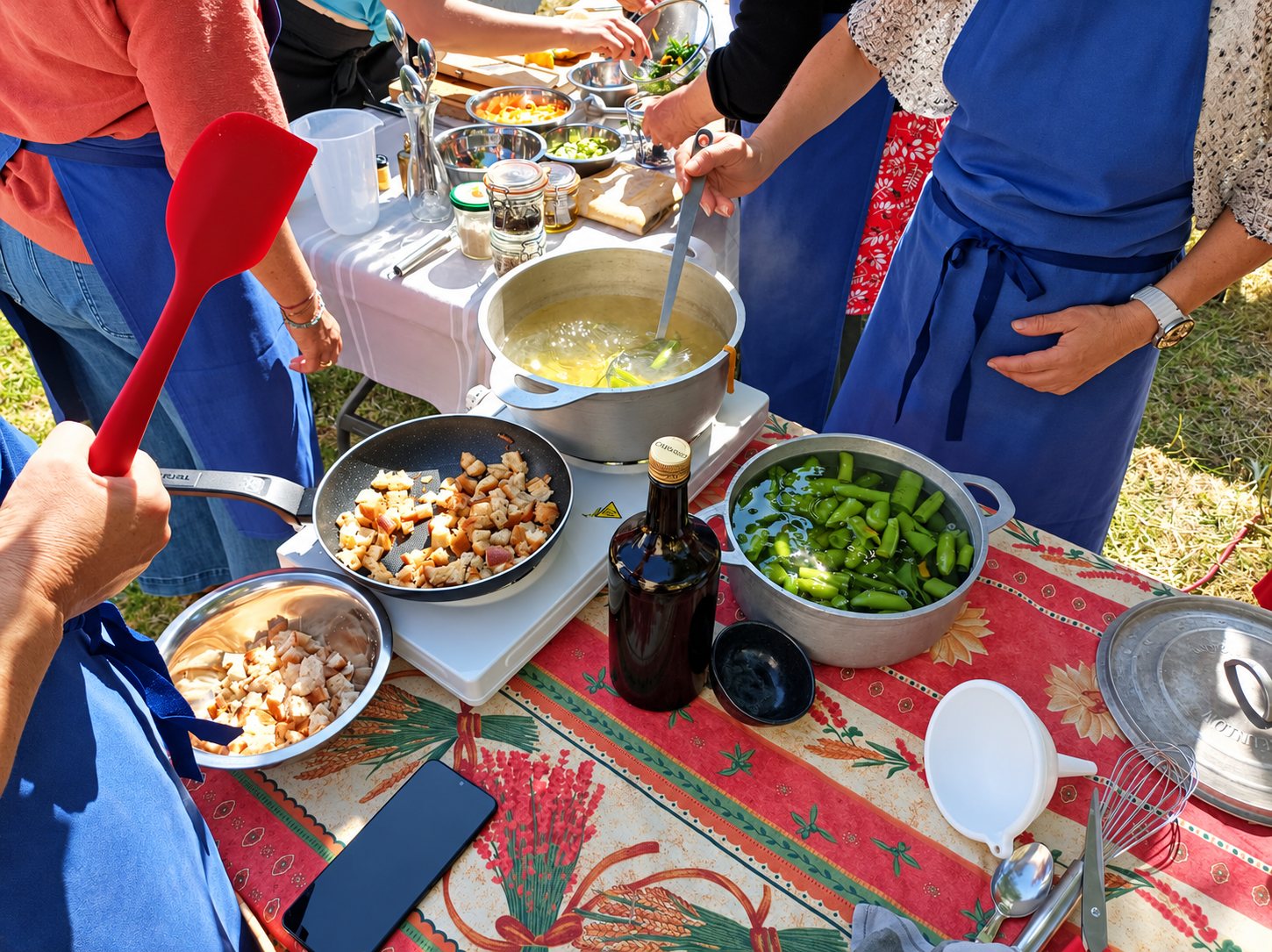 Des participants en tablier bleu cuisinent en plein air autour d'une table avec une casserole de soupe, des haricots verts et des croûtons dorés à la poêle.