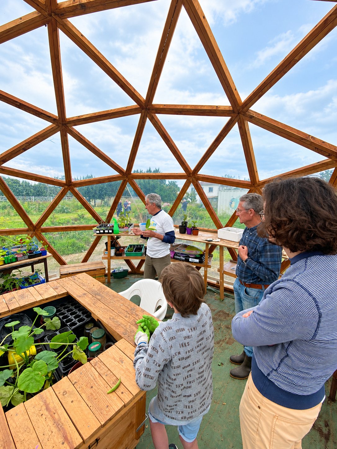 Un animateur présente des plants à un petit groupe d'adultes et d'enfants à l'intérieur d'une serre en dôme géodésique en bois.