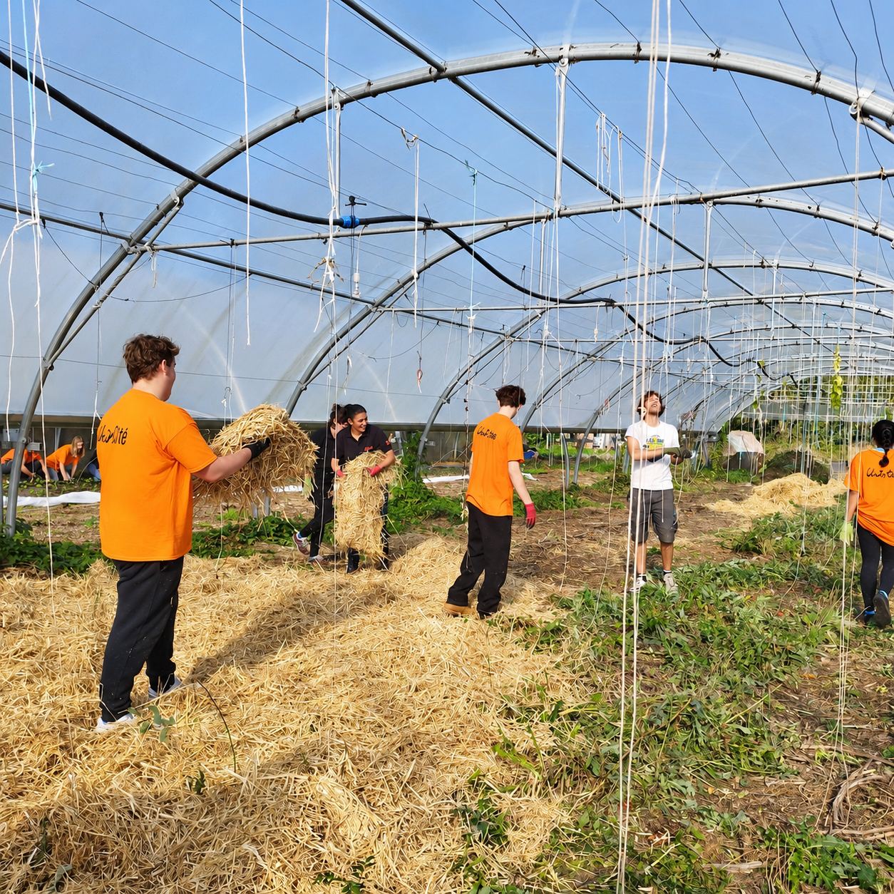 Un groupe de jeunes en t-shirts orange étale de la paille sur le sol d'une grande serre tunnel.