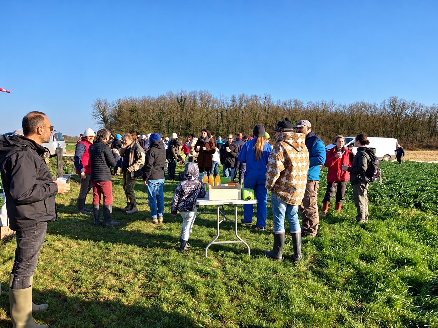Un groupe de personnes en vêtements chauds se tient autour d'une table pliante dans un champ vert, sous un ciel bleu dégagé.