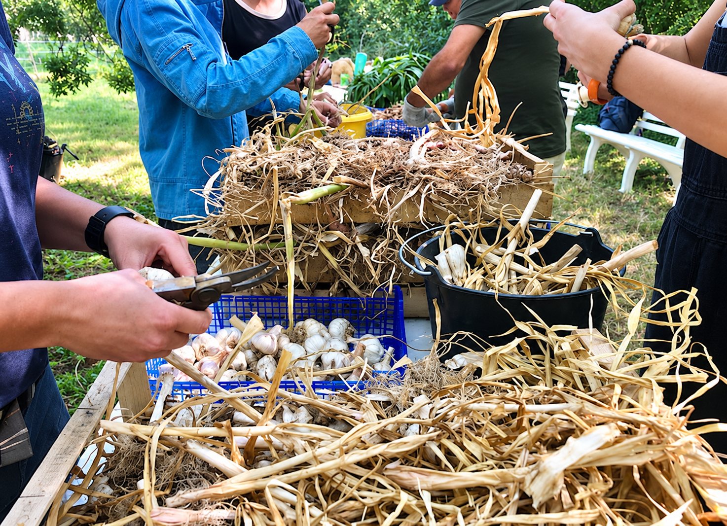 Plusieurs personnes autour d'une table en extérieur nettoient et coupent des tiges d'ail frais, entouré de paille séchée et de bacs.