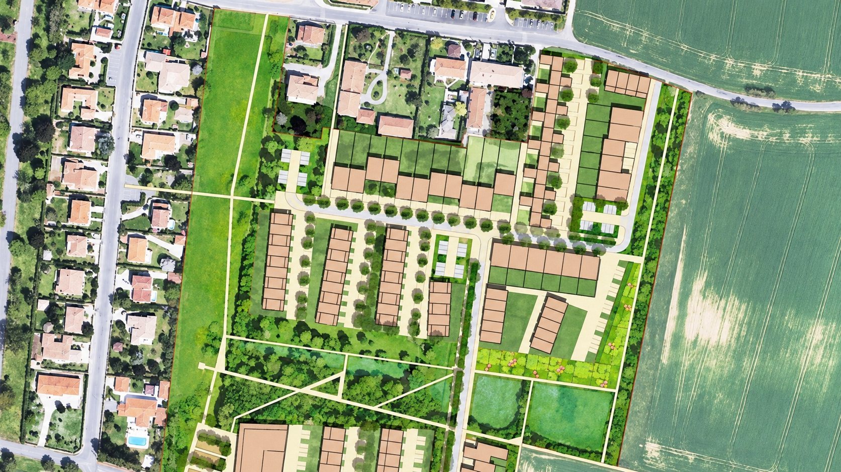 Vue aérienne d'un plan de lotissement avec rangées de maisons neuves, espaces verts et allées, entre un quartier pavillonnaire existant et des champs cultivés.