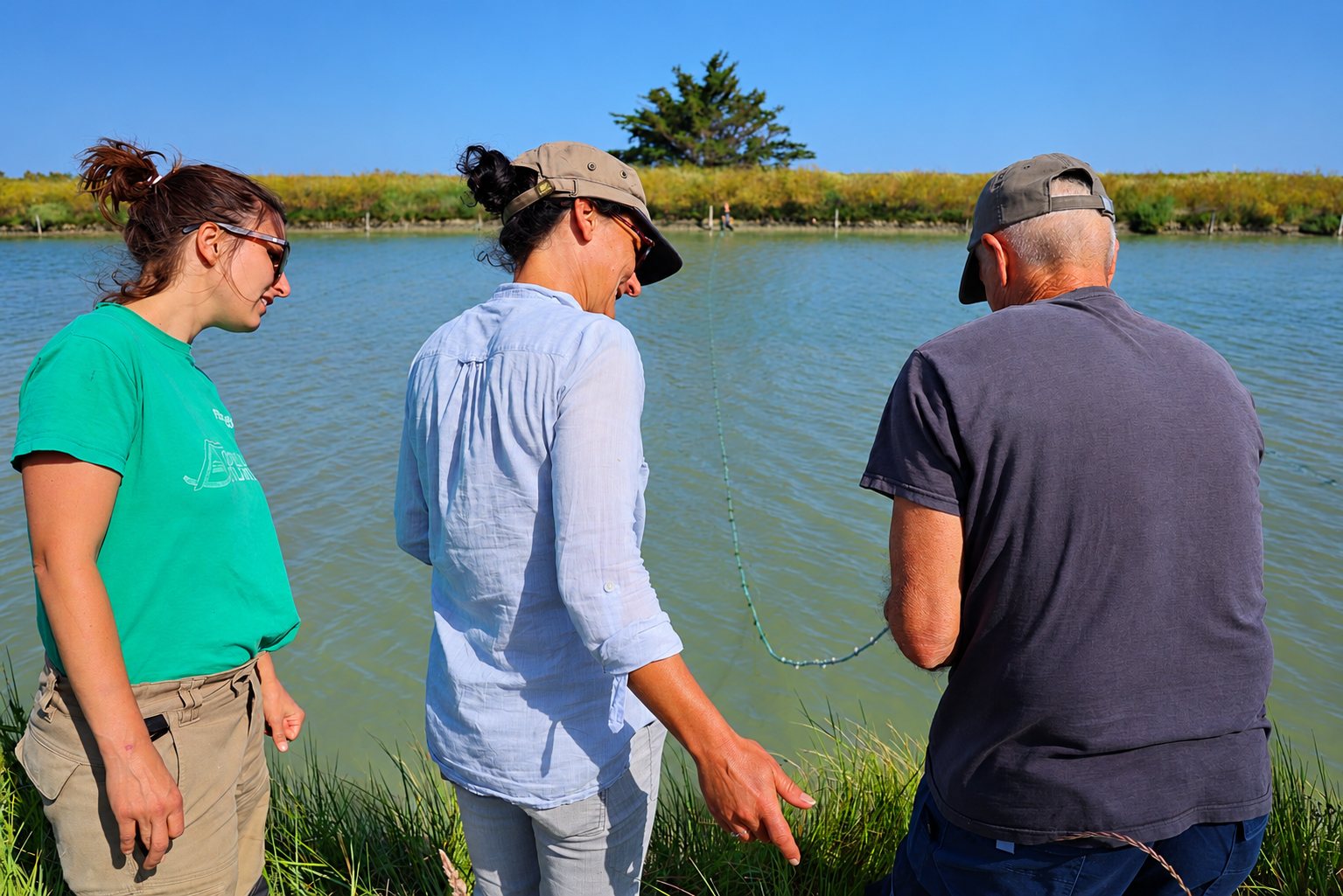 Trois personnes se tiennent au bord d'un bassin d'eau verdâtre entouré d'herbes et regardent une ligne tendue dans l'eau par beau temps.